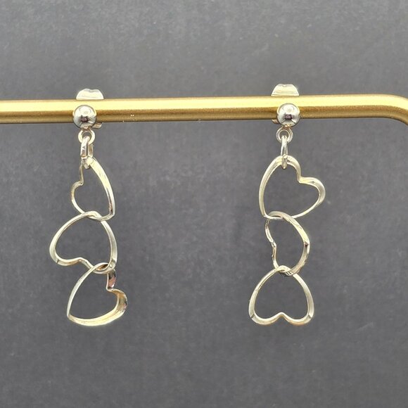 Unbranded Jewelry - VTG Sterling Silver Dangling Triple Heart Earrings 1" Stud Back Interlocking